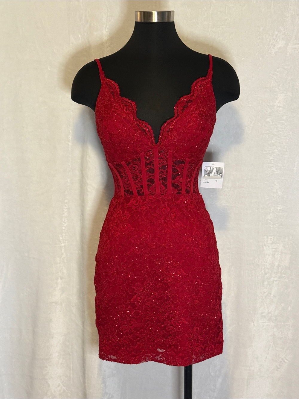 Morgan & Co. Red Lace Mini Dress with Sheer Corset Detailing